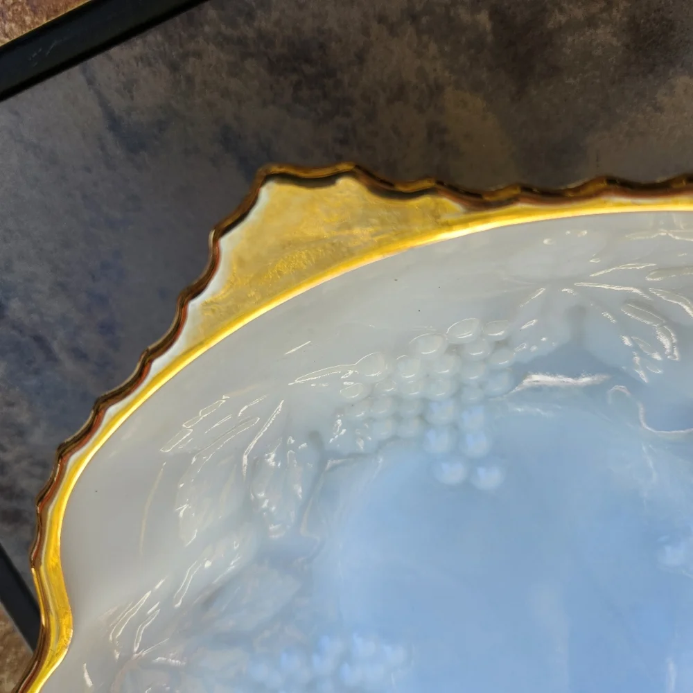 Vintage Anchor Hocking Milkglass Bowl With Grape & Vine Pattern and Gold Trim